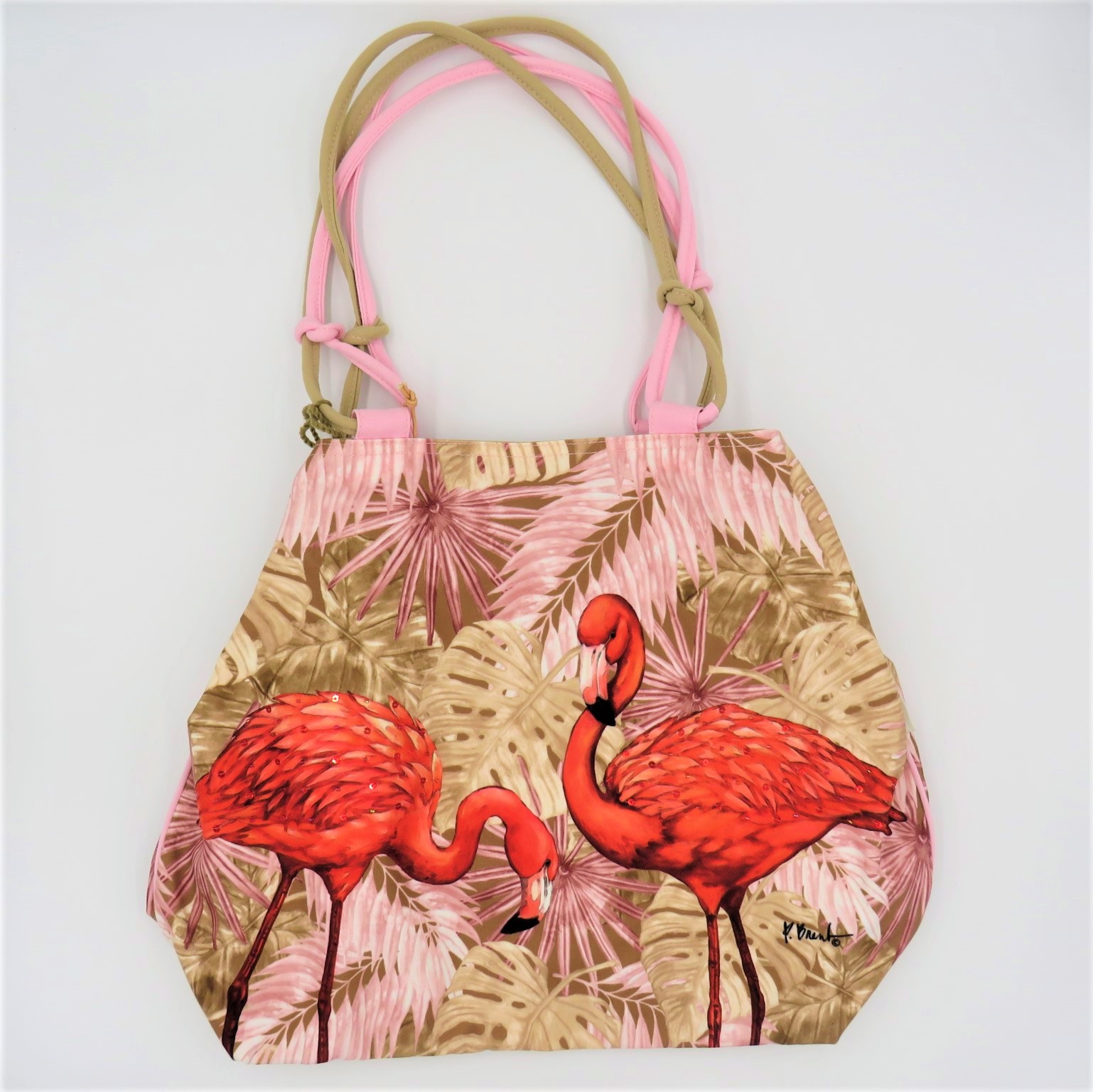 Sun N Sand Artistic Canvas Paul Brent Gap Tote PB9350 Pink-Beige Print with Flamingos Front 3 (2)